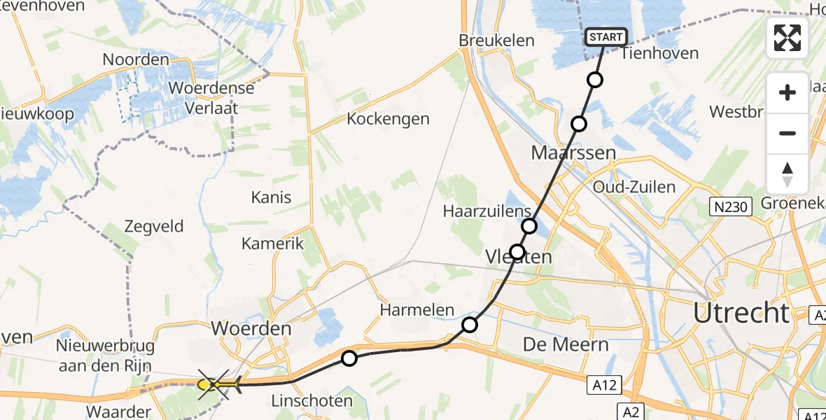 Routekaart van de vlucht: Politieheli naar Waarder, Veenkade
