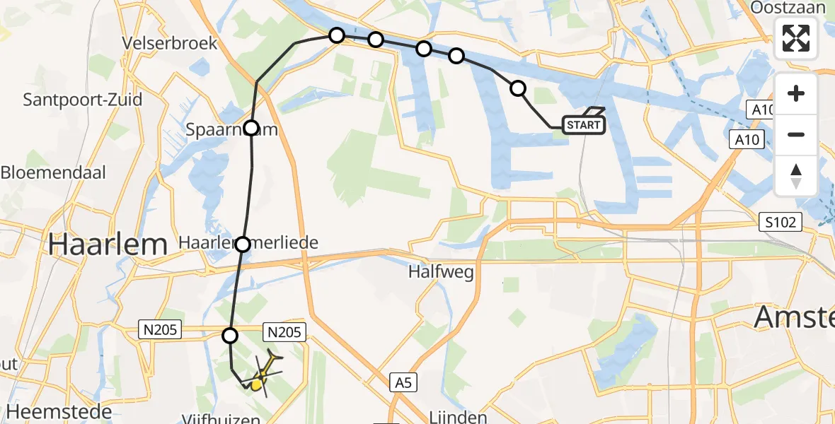 Routekaart van de vlucht: Lifeliner 1 naar Vijfhuizen, RWZI Westpoort
