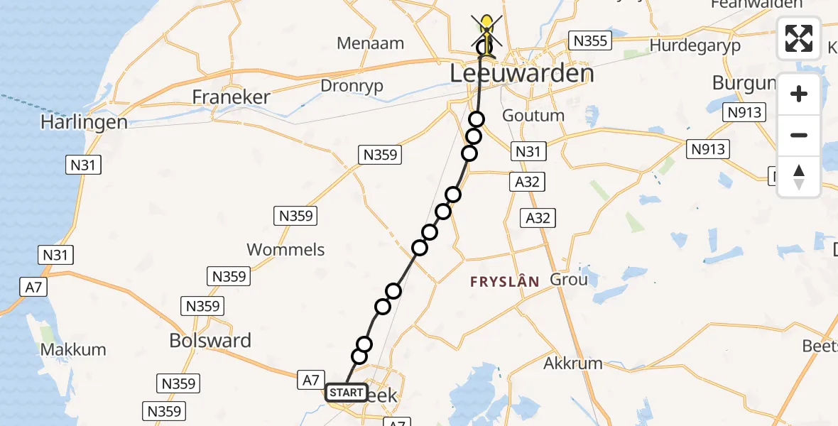 Routekaart van de vlucht: Ambulancehelikopter naar Vliegbasis Leeuwarden, Harinxmalaan