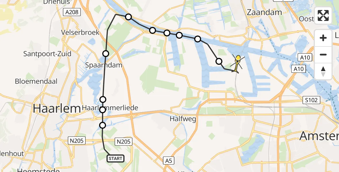 Routekaart van de vlucht: Lifeliner 1 naar Amsterdam Heliport, Kromme Spieringweg