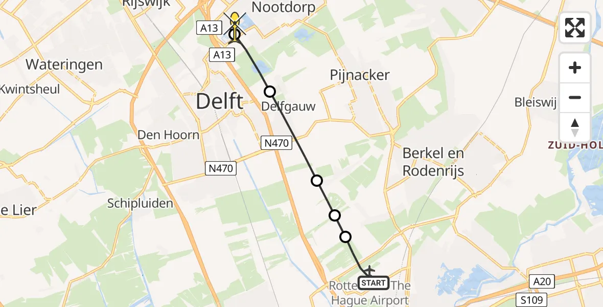 Routekaart van de vlucht: Lifeliner 2 naar Den Haag, Hofweg