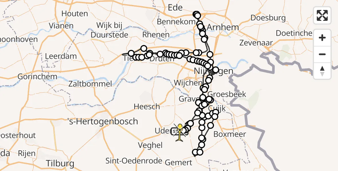 Routekaart van de vlucht: Politieheli naar Vliegbasis Volkel, Zeelandsedijk
