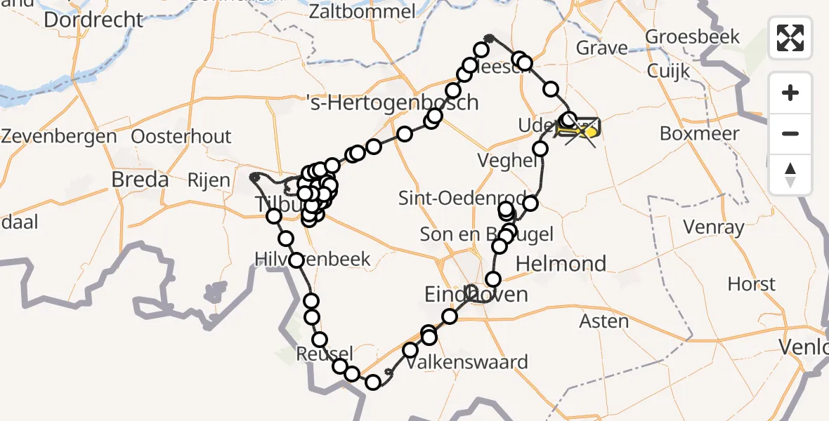 Routekaart van de vlucht: Politieheli naar Vliegbasis Volkel, De Bunders