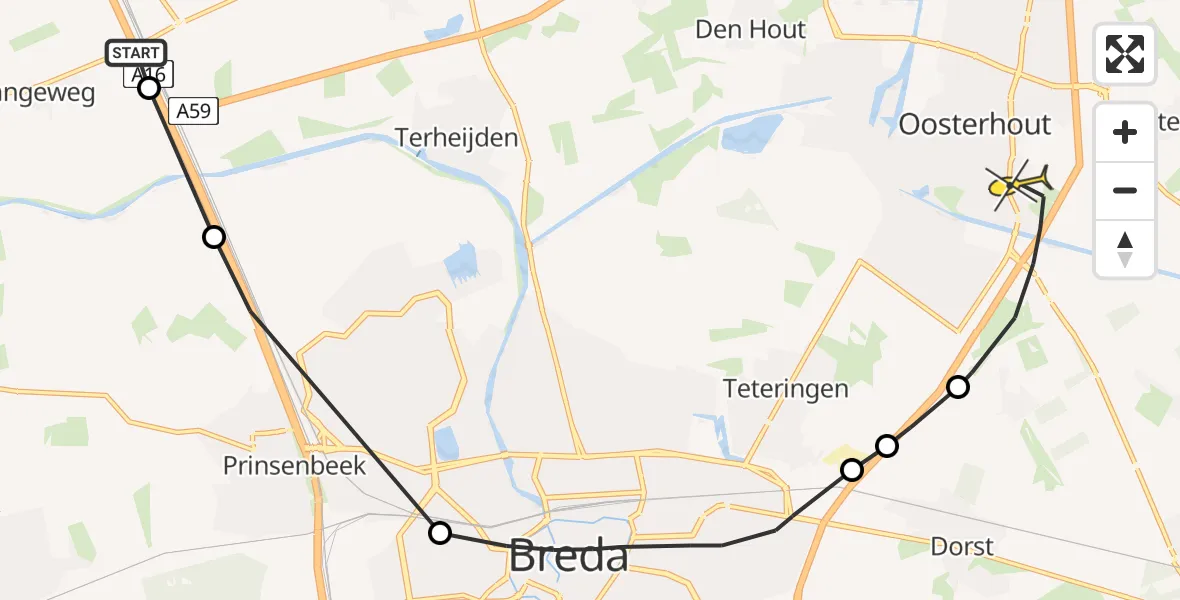 Routekaart van de vlucht: Politiehelikopter naar Oosterhout, Nieuwveerweg