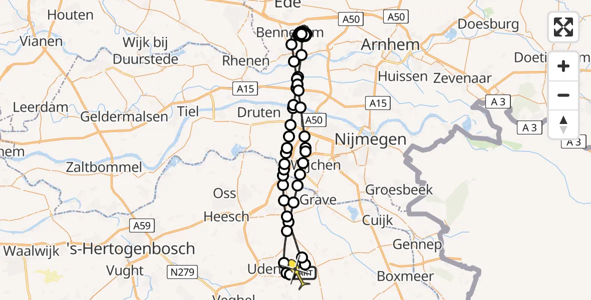 Vluchtroute Politiehelikopter van Vliegbasis Volkel naar Vliegbasis Volkel