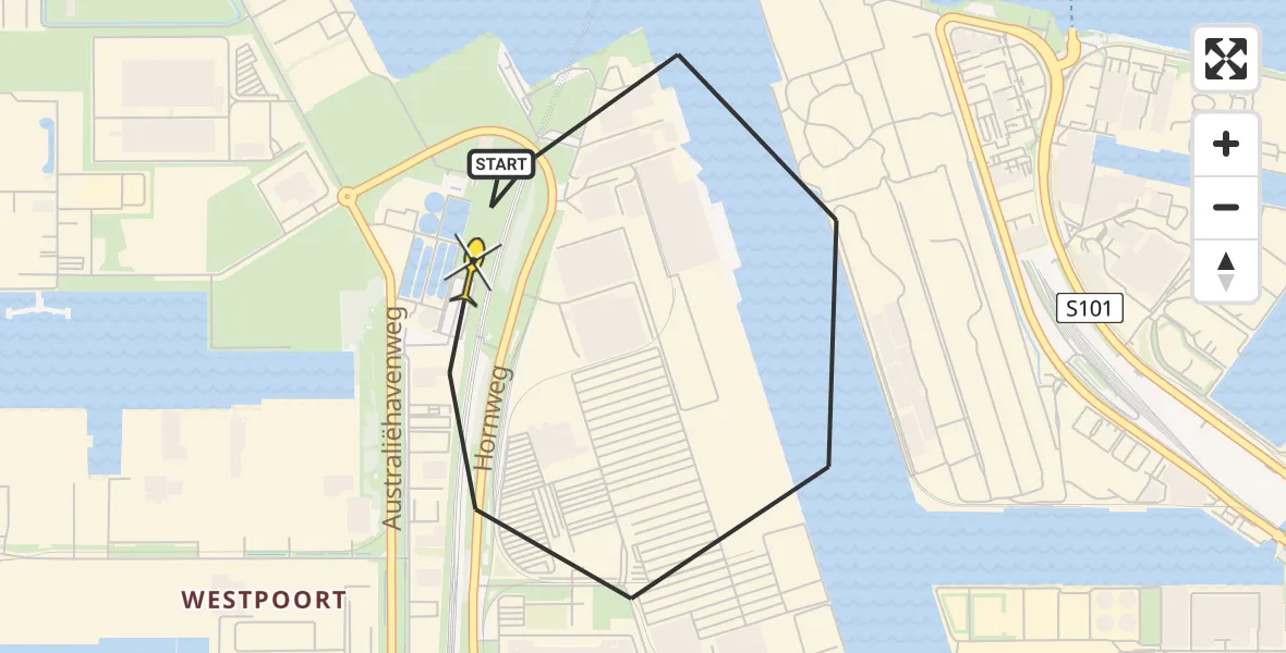 Routekaart van de vlucht: Lifeliner 1 naar Amsterdam Heliport, Westhavenweg