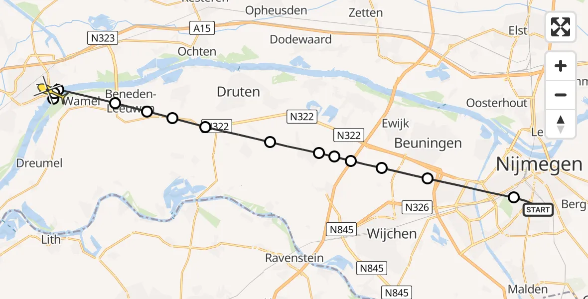 Routekaart van de vlucht: Lifeliner 3 naar Tiel, Hazenkampseweg