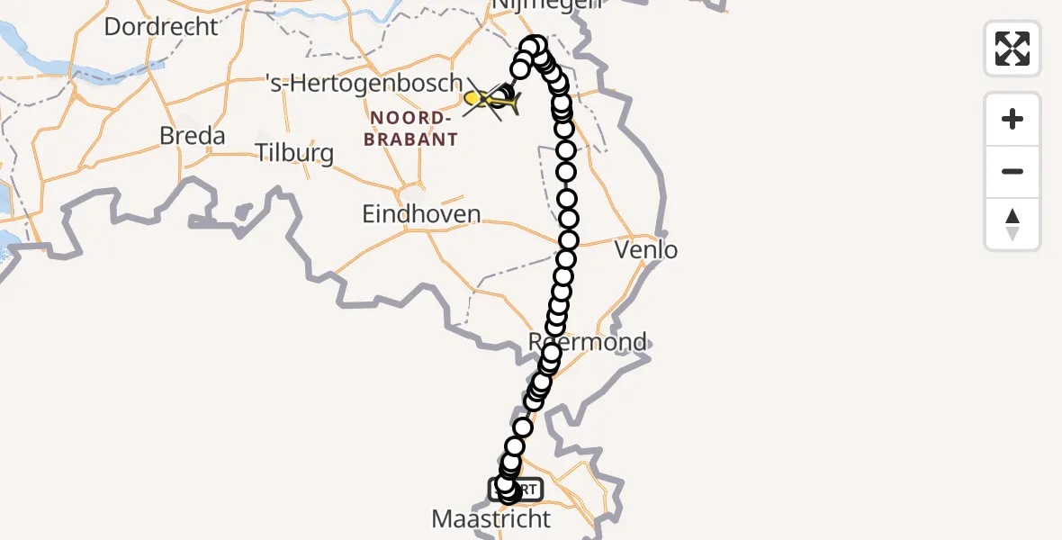 Routekaart van de vlucht: Politiehelikopter naar Vliegbasis Volkel, Bamfordweg