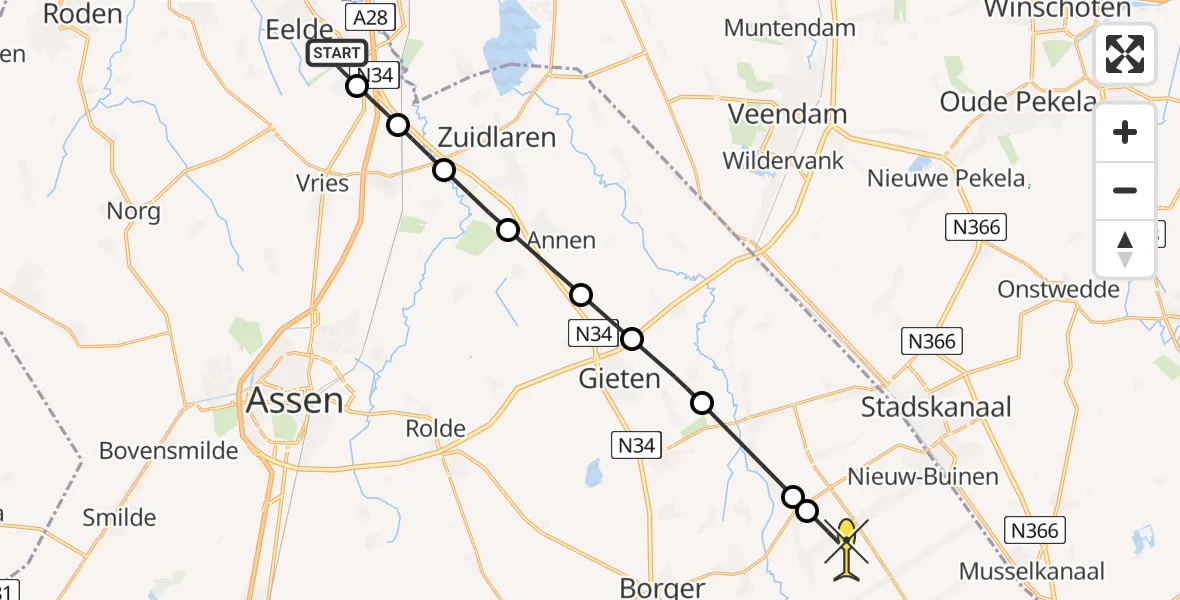 Routekaart van de vlucht: Lifeliner 4 naar Nieuw-Buinen, Evenveen