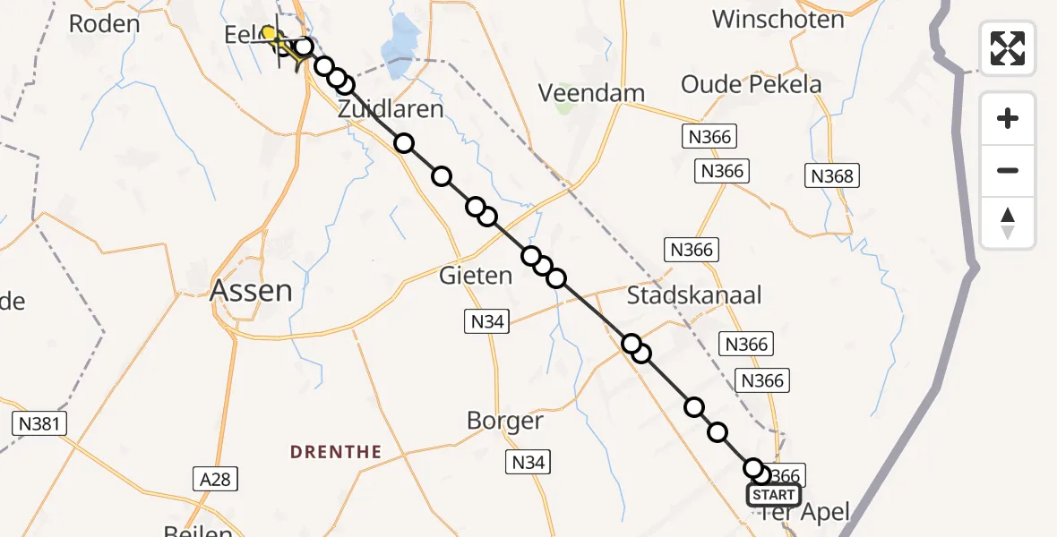 Routekaart van de vlucht: Lifeliner 4 naar Groningen Airport Eelde, 2e Valthermond