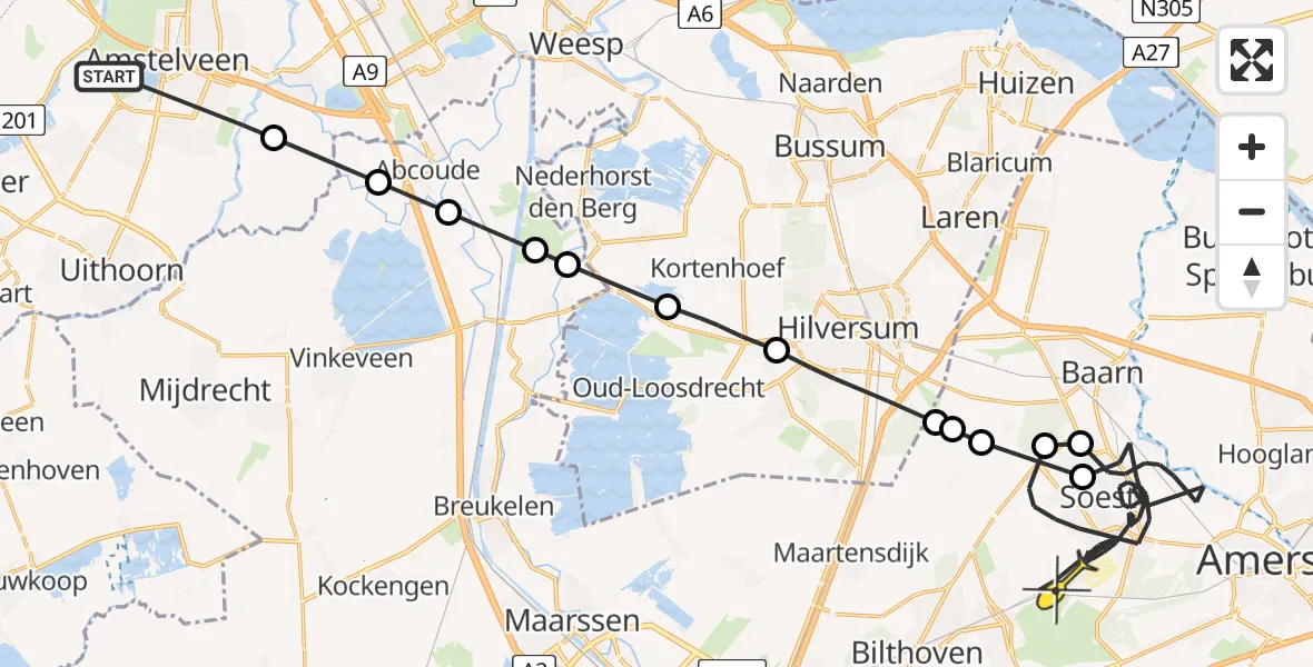 Routekaart van de vlucht: Politiehelikopter naar Soest, Amsteldijk Zuid