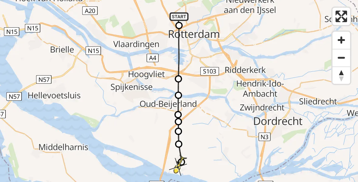 Routekaart van de vlucht: Lifeliner 2 naar Numansdorp, Oudedijkse Schiekade