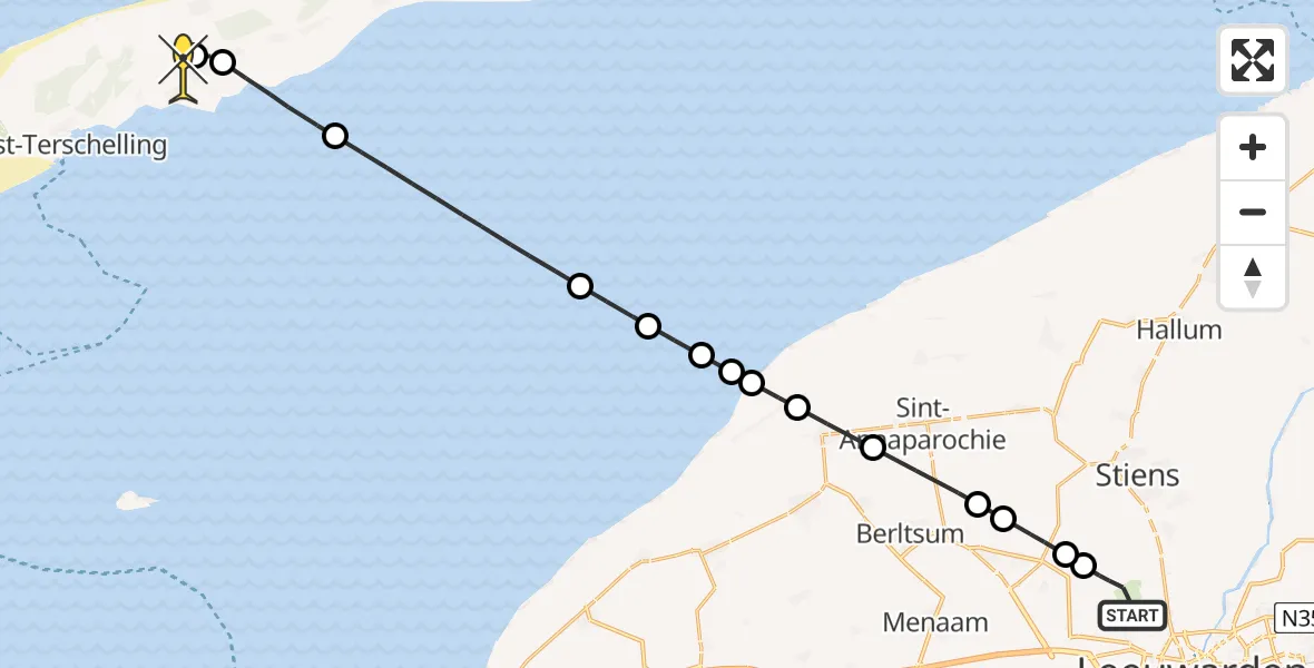 Routekaart van de vlucht: Ambulancehelikopter naar Midsland, Keegsdijkje