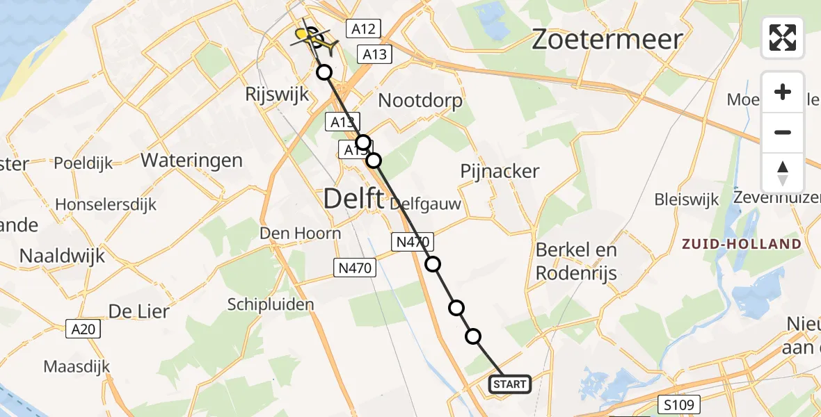 Routekaart van de vlucht: Lifeliner 2 naar Den Haag, Schieveense polder