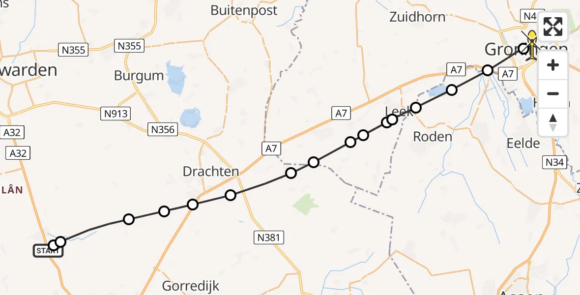 Routekaart van de vlucht: Lifeliner 4 naar Universitair Medisch Centrum Groningen, Van Sminiawei
