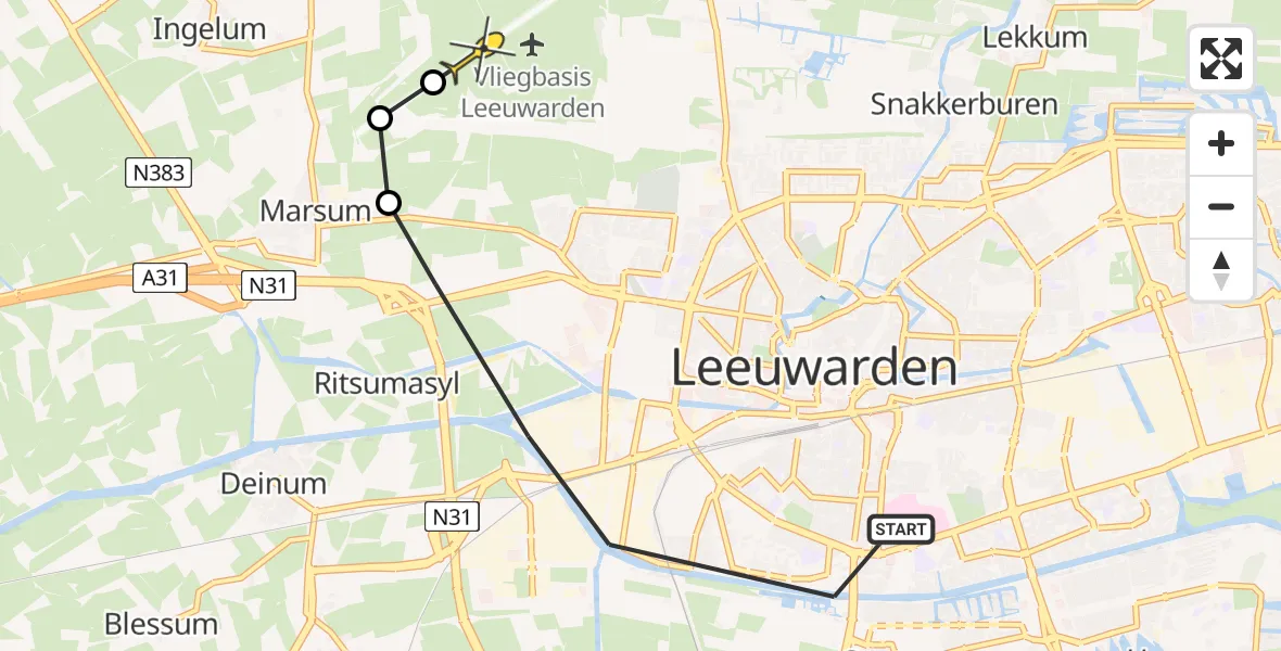 Routekaart van de vlucht: Ambulancehelikopter naar Vliegbasis Leeuwarden, Zwettestraat