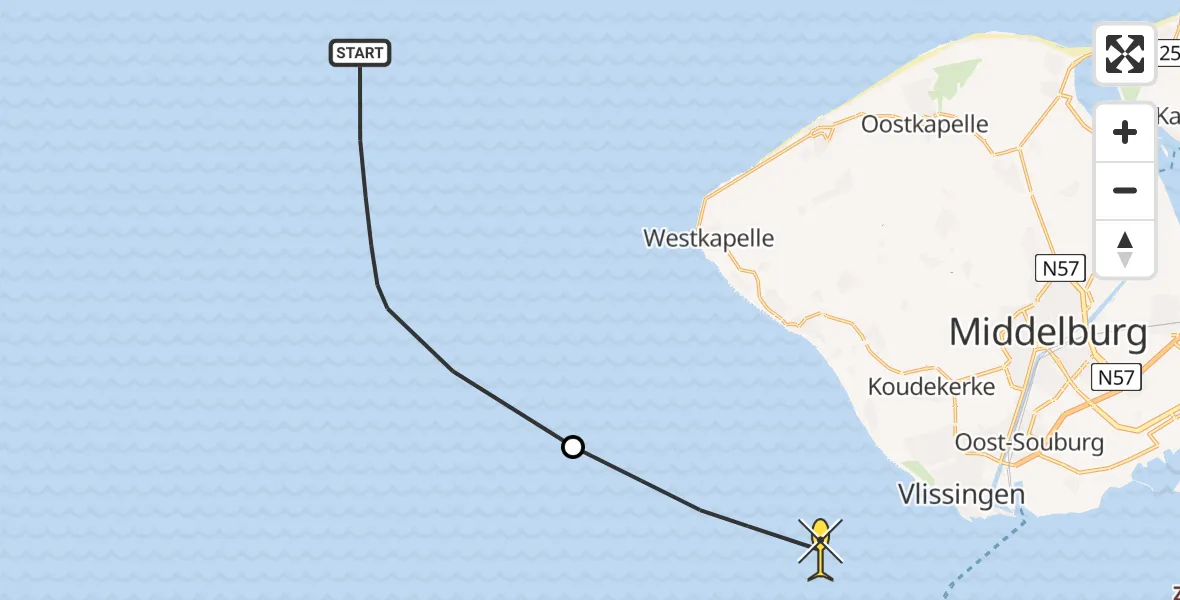 Routekaart van de vlucht: Politiehelikopter naar Vlissingen