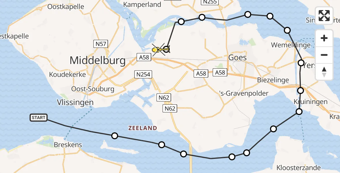 Routekaart van de vlucht: Politiehelikopter naar Vliegveld Midden-Zeeland, Westerschelde & Saeftinghe