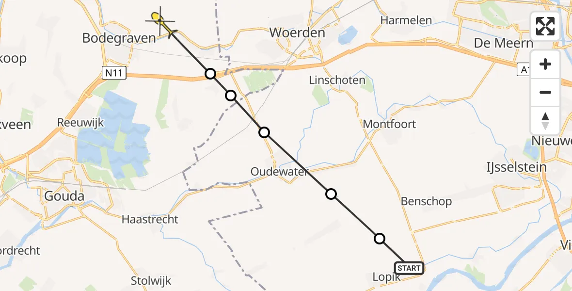 Routekaart van de vlucht: Politiehelikopter naar Bodegraven, Zuidzijdse Kade