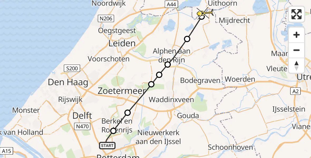 Routekaart van de vlucht: Lifeliner 2 naar Nieuwveen, A16 Rotterdam