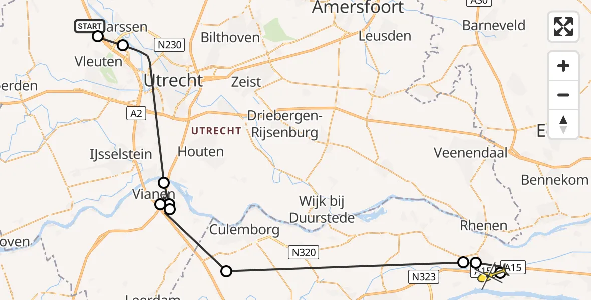 Routekaart van de vlucht: Politiehelikopter naar Ochten, Fazantenkamp