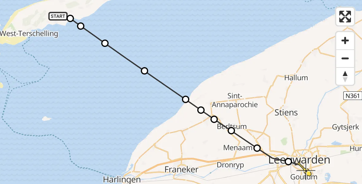 Routekaart van de vlucht: Ambulancehelikopter naar Leeuwarden, Landerumer kooi