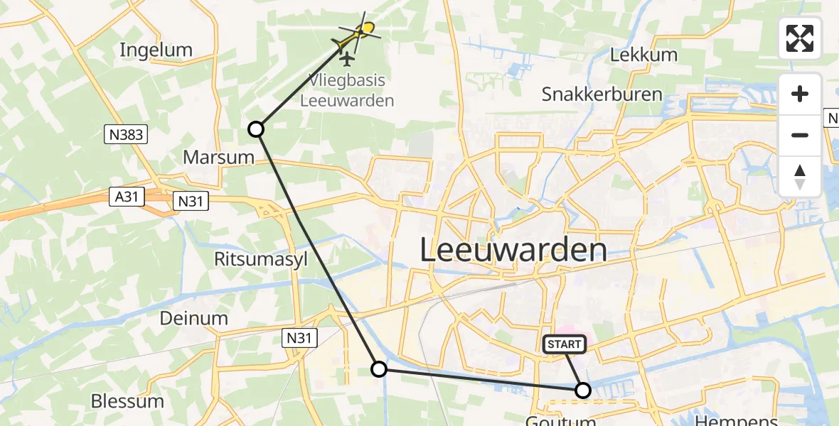 Routekaart van de vlucht: Ambulancehelikopter naar Vliegbasis Leeuwarden, Aldlânsdyk