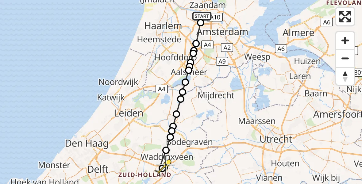 Routekaart van de vlucht: Lifeliner 1 naar Waddinxveen, Nieuw-Zeelandweg