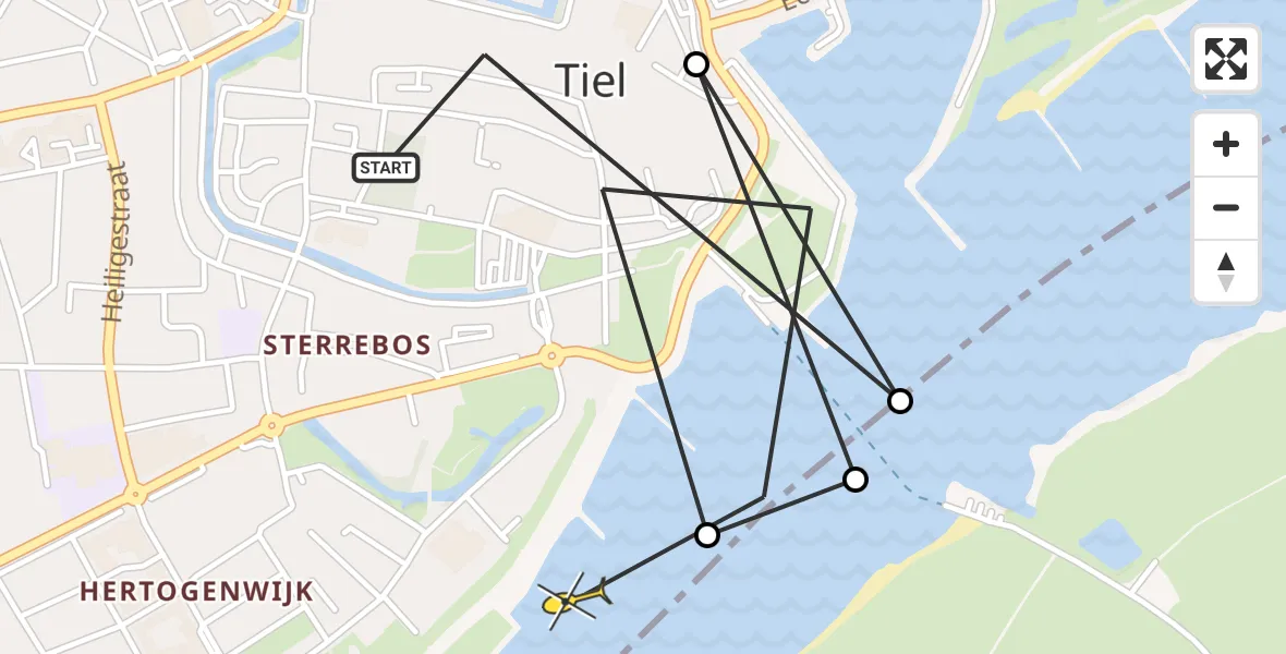 Routekaart van de vlucht: Politiehelikopter naar Tiel, Waterstraat