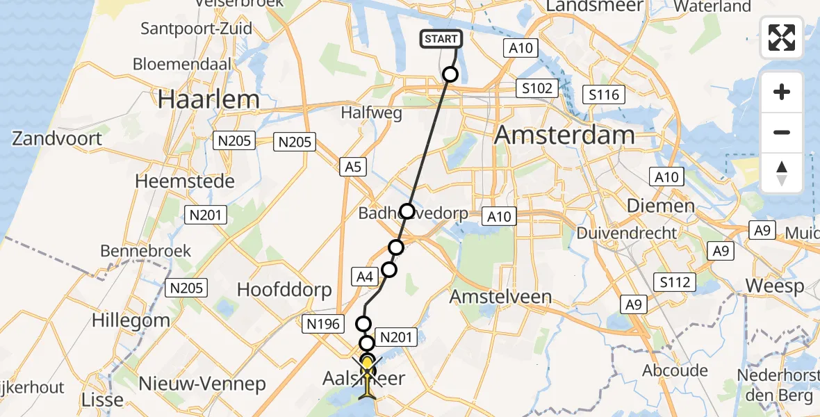 Routekaart van de vlucht: Lifeliner 1 naar Aalsmeer, Elbaweg