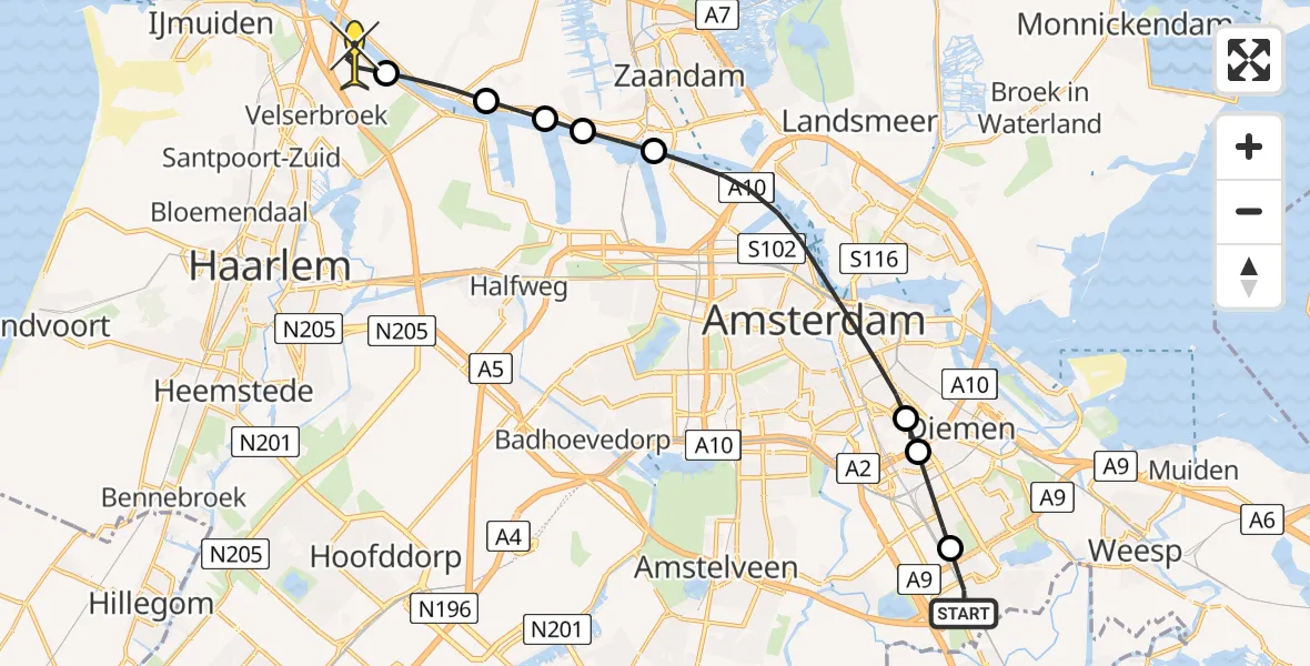 Routekaart van de vlucht: Lifeliner 1 naar Velsen-Zuid, Nieuwlandhof