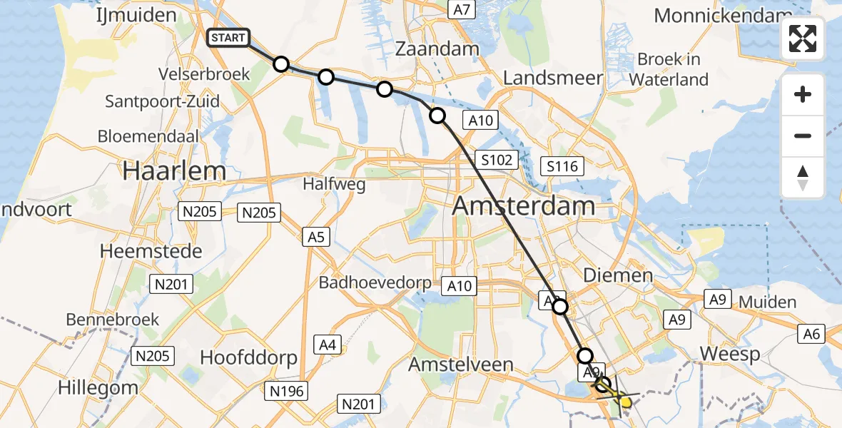 Routekaart van de vlucht: Lifeliner 1 naar Academisch Medisch Centrum (AMC), Genieweg
