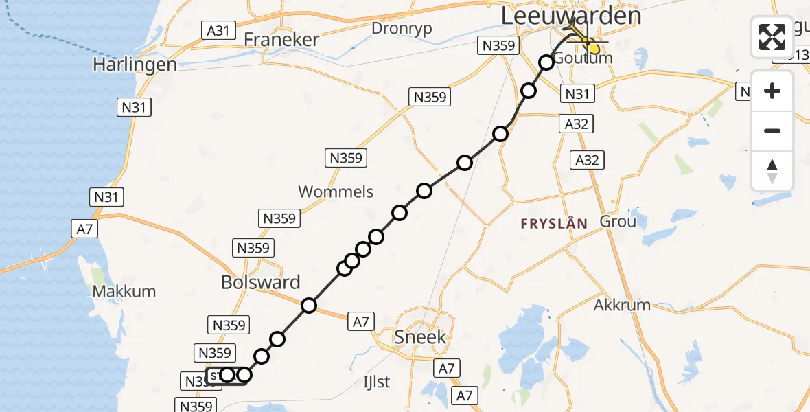 Routekaart van de vlucht: Ambulancehelikopter naar Leeuwarden, Mardyk