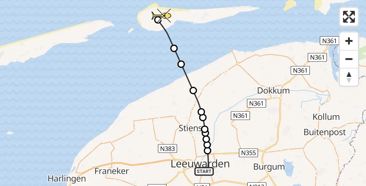 Routekaart van de vlucht: Ambulancehelikopter naar Ameland Airport Ballum, Potmargepaad