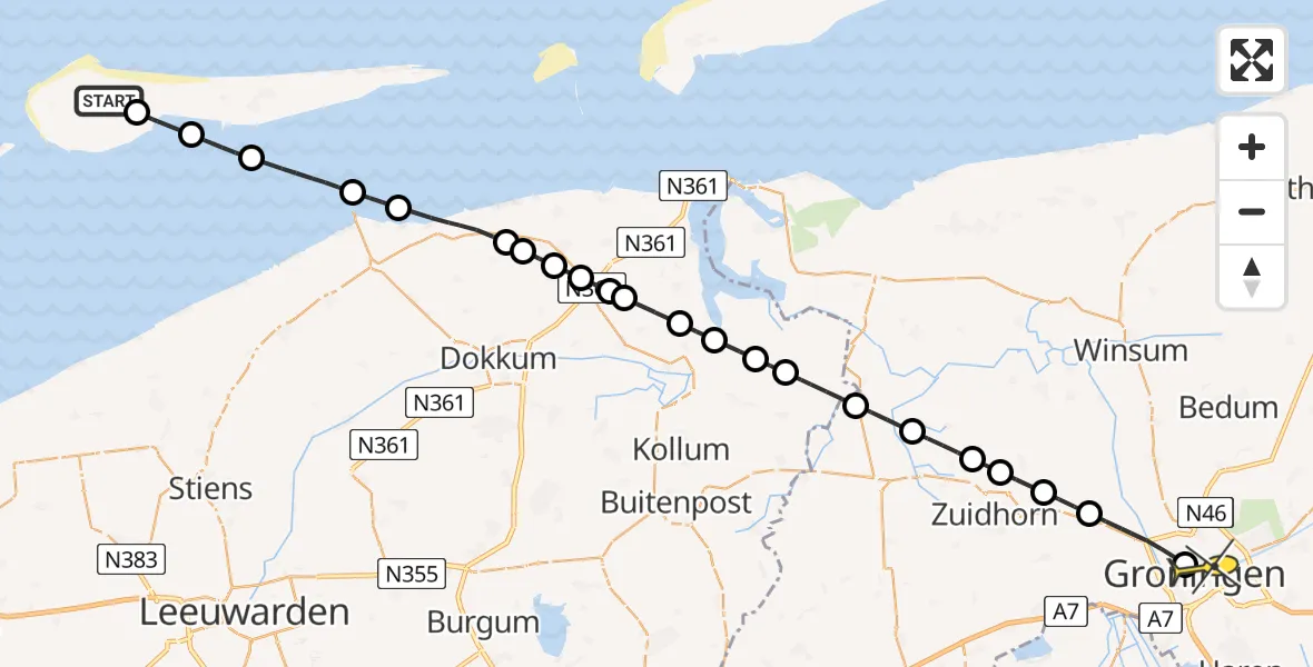 Routekaart van de vlucht: Ambulancehelikopter naar Universitair Medisch Centrum Groningen, Klaproosweg