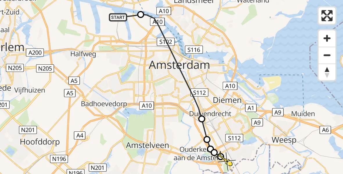 Routekaart van de vlucht: Lifeliner 1 naar Academisch Medisch Centrum (AMC), Westhavenweg