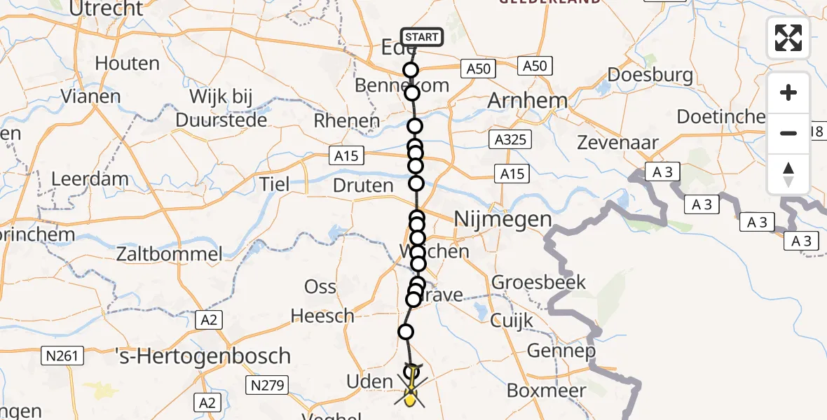 Routekaart van de vlucht: Politiehelikopter naar Vliegbasis Volkel, Genieweg
