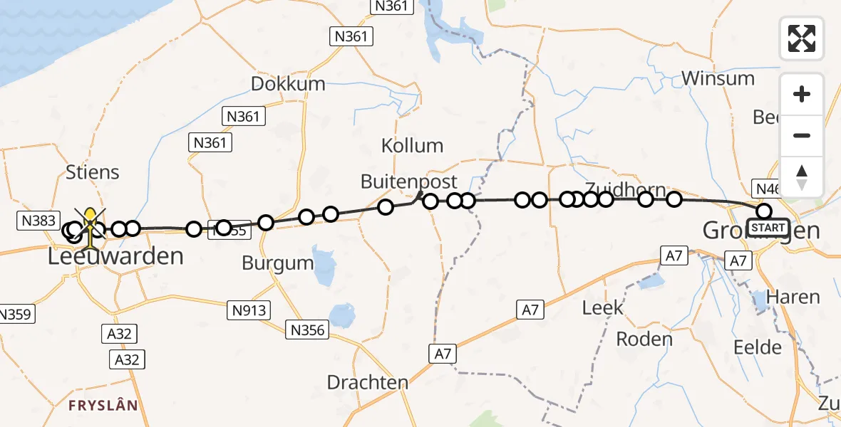 Routekaart van de vlucht: Ambulanceheli naar Vliegbasis Leeuwarden, Celebesstraat