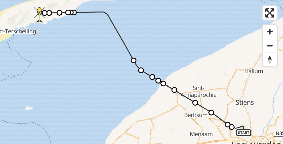 Routekaart van de vlucht: Ambulancehelikopter naar Midsland, Buitengebied Noordwest