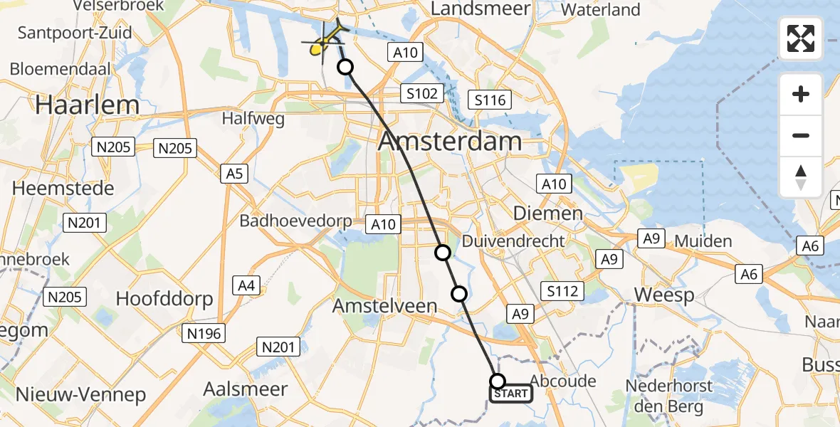Routekaart van de vlucht: Lifeliner 1 naar Amsterdam Heliport, Waver