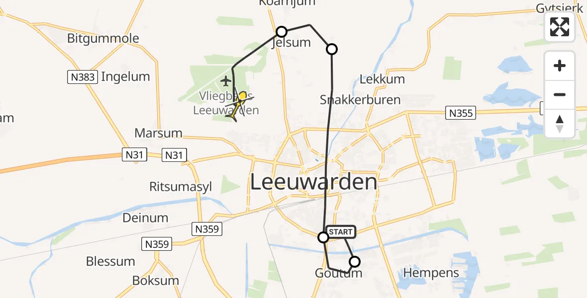 Routekaart van de vlucht: Ambulanceheli naar Vliegbasis Leeuwarden, It Blauwe Slot