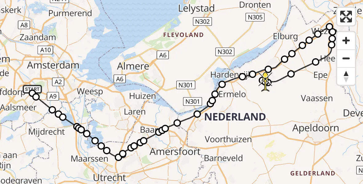 Routekaart van de vlucht: Politiehelikopter naar Elspeet, Van Weerden-Poelmanweg