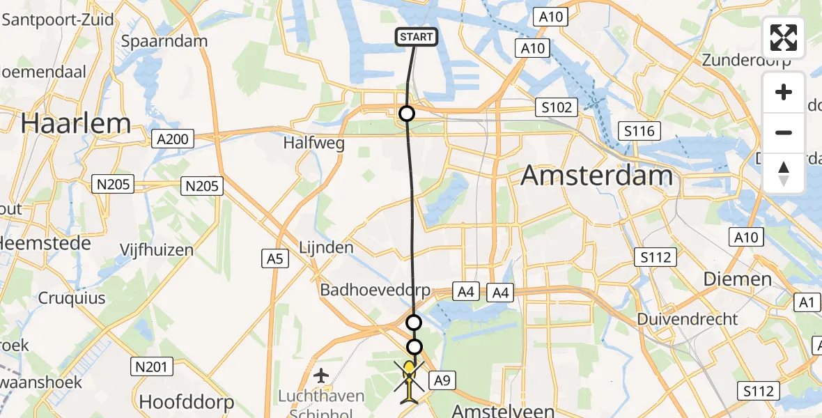 Routekaart van de vlucht: Lifeliner 1 naar Schiphol, Nieuw-Zeelandweg