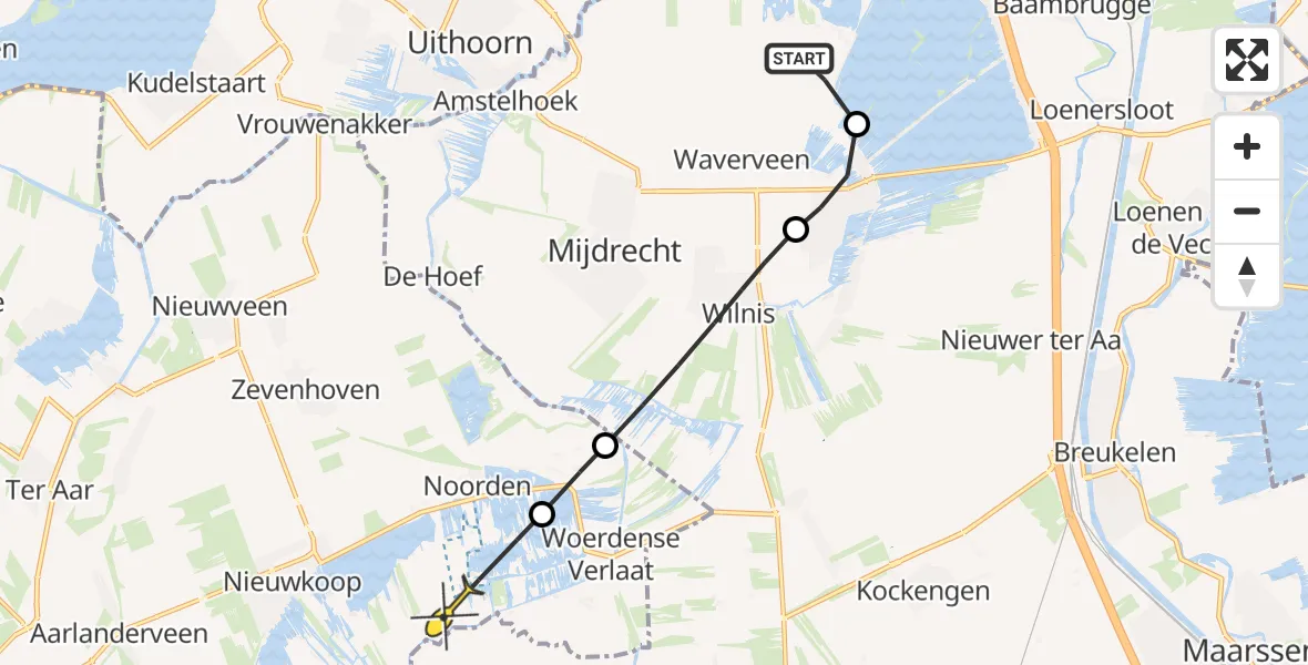 Routekaart van de vlucht: Politieheli naar Nieuwkoop, Waeterrijck