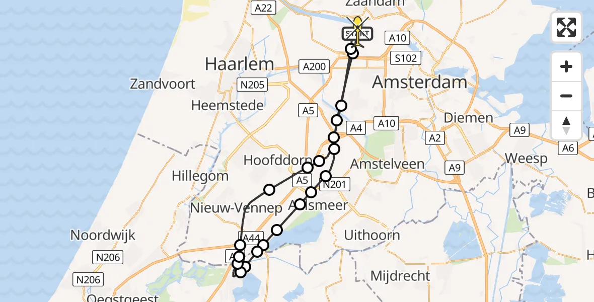 Routekaart van de vlucht: Lifeliner 1 naar Amsterdam Heliport, Nieuw-Zeelandweg