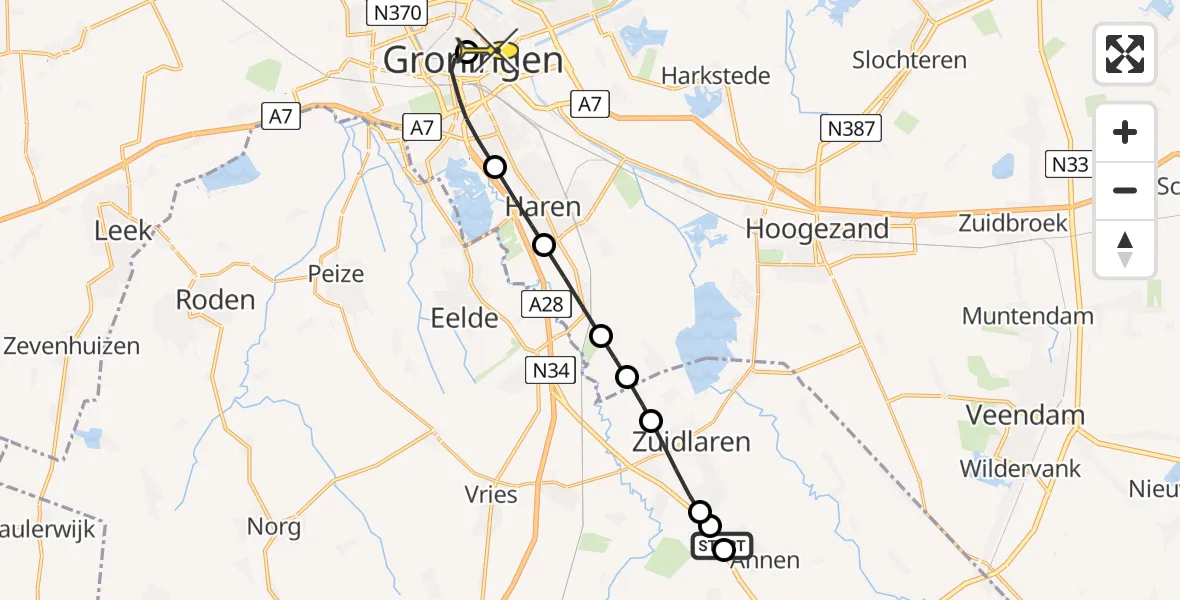 Routekaart van de vlucht: Lifeliner 4 naar Universitair Medisch Centrum Groningen, Oude Anloërweg