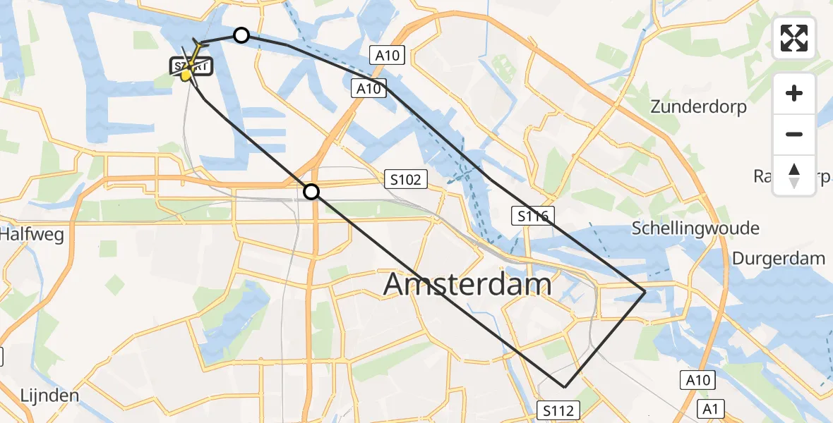 Routekaart van de vlucht: Lifeliner 1 naar Amsterdam Heliport, Westhaven
