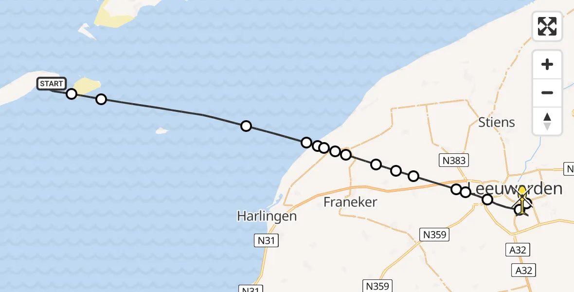 Routekaart van de vlucht: Ambulancehelikopter naar Leeuwarden, Haven Vlieland