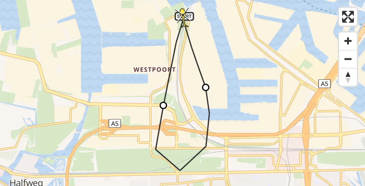 Routekaart van de vlucht: Lifeliner 1 naar Amsterdam Heliport, Nieuw-Zeelandweg