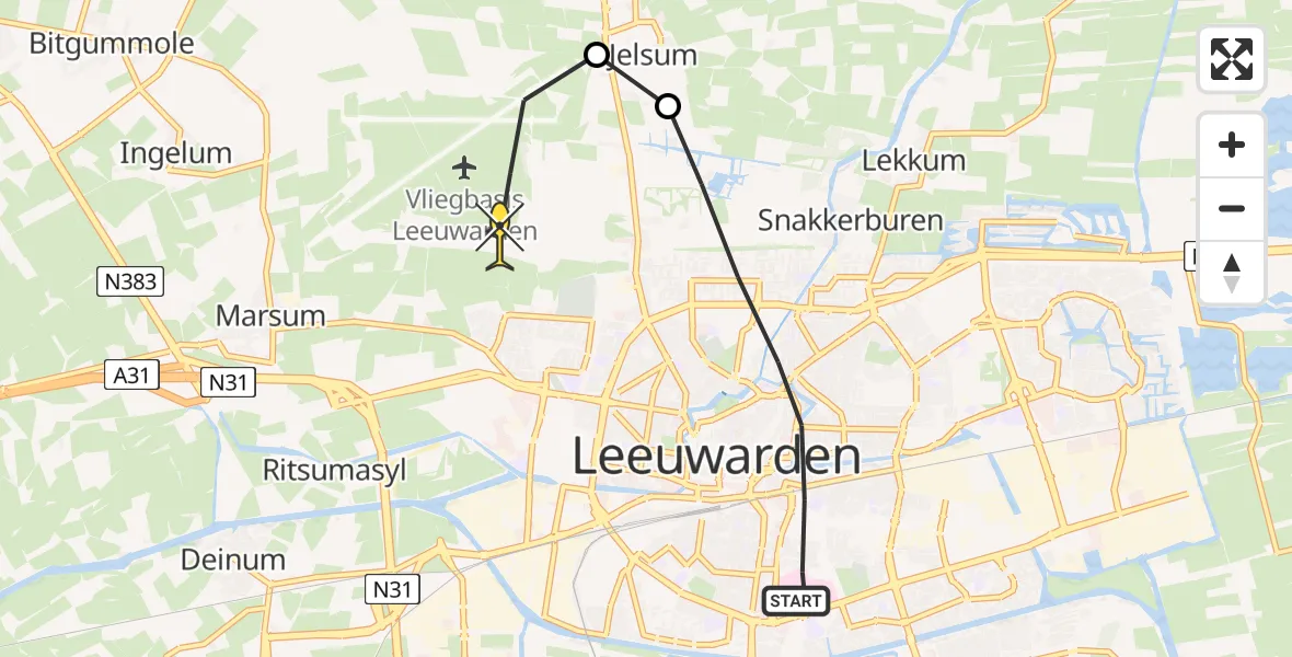 Routekaart van de vlucht: Ambulanceheli naar Vliegbasis Leeuwarden, WaterCampus Noord
